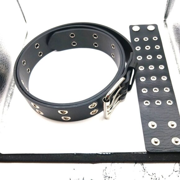 Grommet Vegan  Leather Belt + Grommet Bracelet Unisex Black- New - Picture 1 of 11